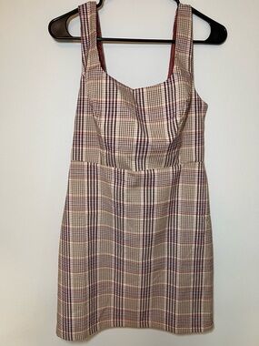 Plaid Square-Neck Mini Dress Brown, Beige, Black, and Cream